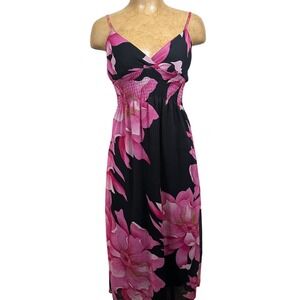 Y2K Black Pink Floral Smocked Empire Waist Maxi Dress Spaghetti Straps black